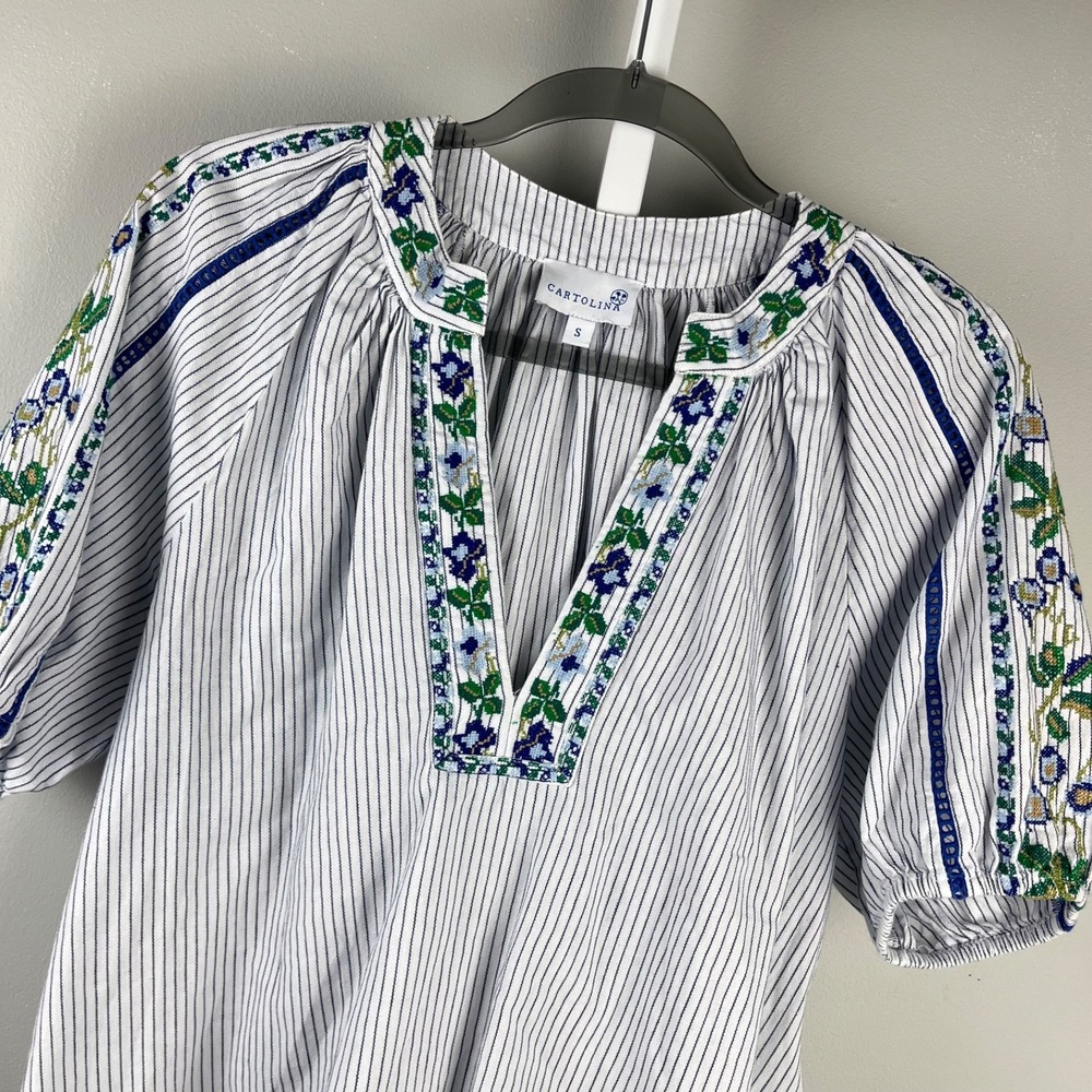 Cartolina Nantucket Embroidered Top Womens S Floral Stripe Boho Peasant Coastal